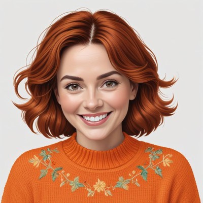 Smiling woman with red hair wearing an orange sweater