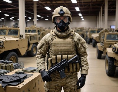 Soldier stands ready in military vehicle storage area