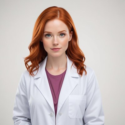 Red-haired medical professional in lab coat