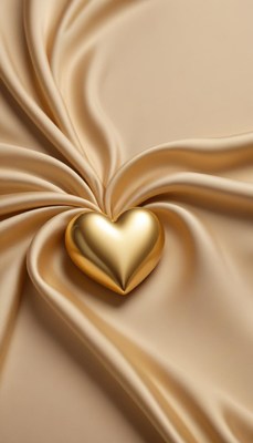 Golden heart nestled in smooth satin fabric