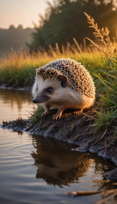 Hedgehog by the river at sunset in a serene landscape