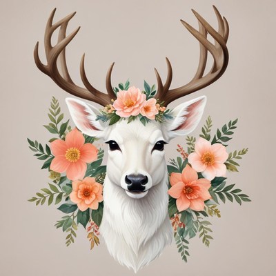 Floral deer head with antlers and blossoms in art