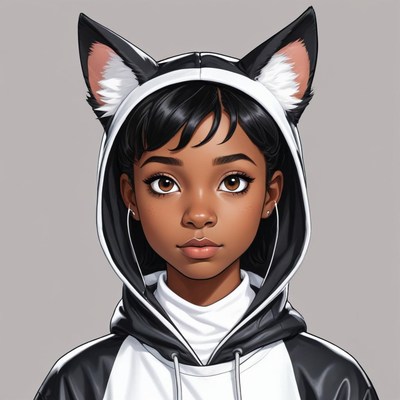 Girl in a hooded outfit with cat ears posing for attention