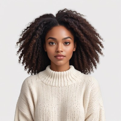 Young woman with curly hair wearing a cozy sweater