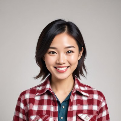 Young woman smiling in a casual checkered shirt
