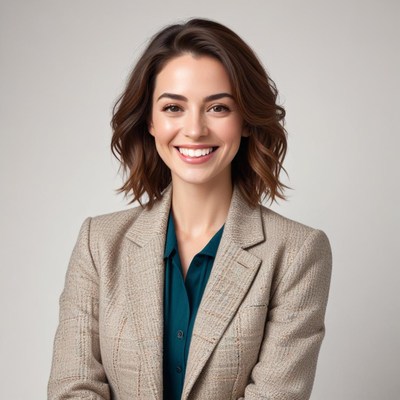Smiling woman in light suit poses for professional portrait