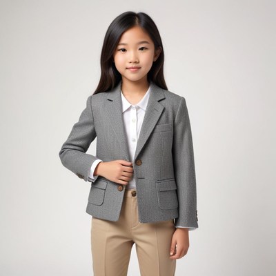 Young girl in stylish gray blazer and trousers posing