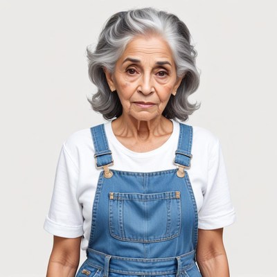 Gray-haired woman in denim overalls, serious look