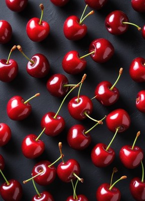 Bright red cherries arranged on a dark surface
