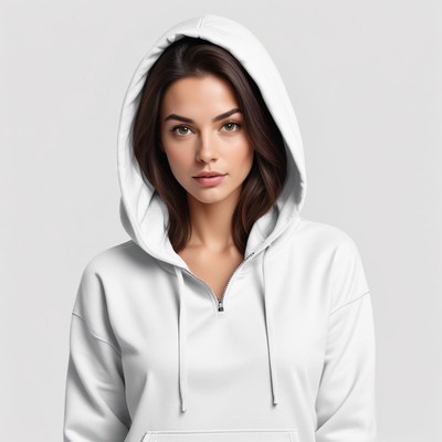 Young woman in a white hoodie with a neutral expression