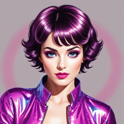 Woman with vibrant purple hair and stylish jacket