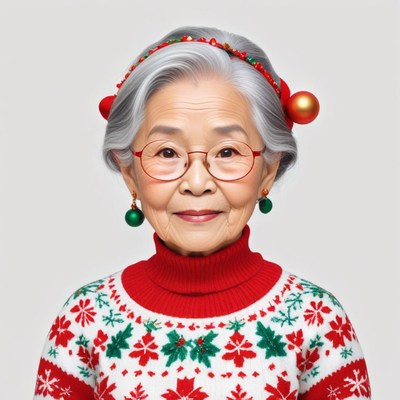 Elderly woman in festive holiday attire and decor