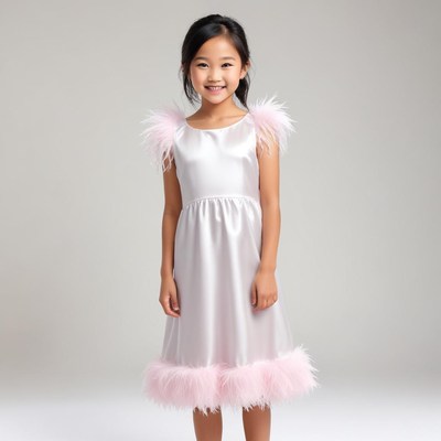 Girl in a white dress with pink feathers at a photoshoot