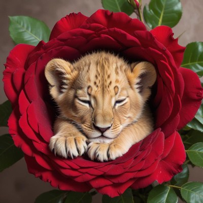 Lion cub resting peacefully in a rose bloom