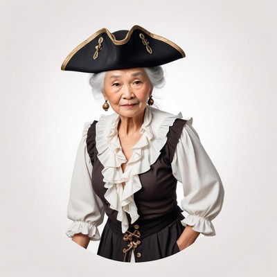 Elderly woman dressed in pirate costume poses confidently