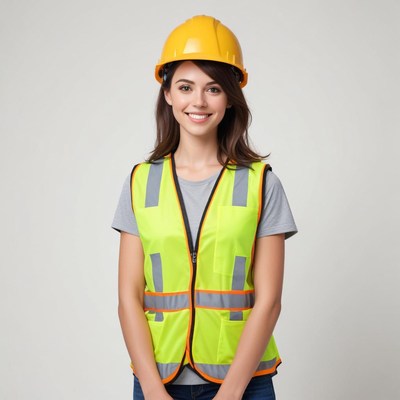 Young woman wearing safety gear and hard hat smiling