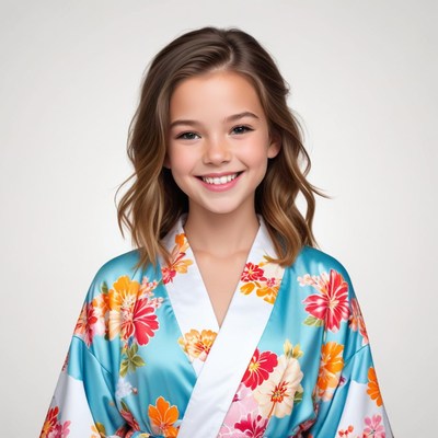 Girl wearing floral kimono smiling at camera