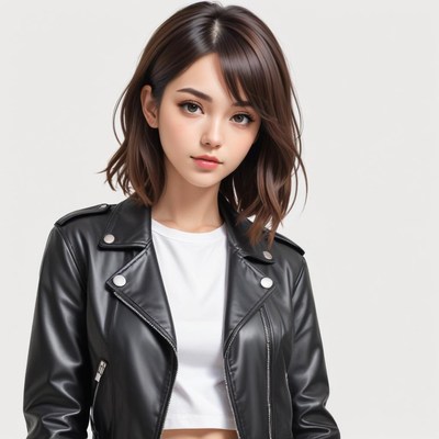 Young woman in stylish black leather jacket posing