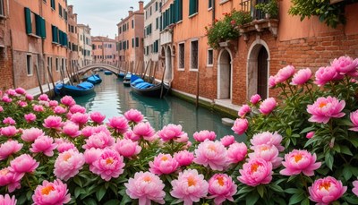 Vibrant flowers by a serene canal in venice