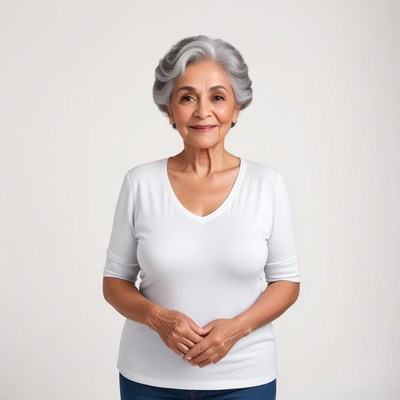 Elderly woman smiling in casual white top indoors