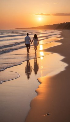 Couples walking along the beach during sunset moments