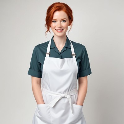 Young woman in a white apron smiling warmly