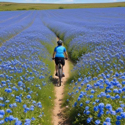 Biking through stunning blue flower fields in spring