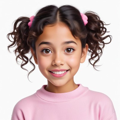 Young girl with curly hair smiles brightly