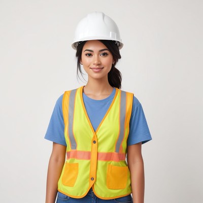 Asian woman in hard hat and safety vest