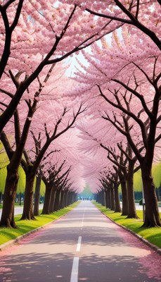 Cherry blossom trees lining a peaceful pathway in spring