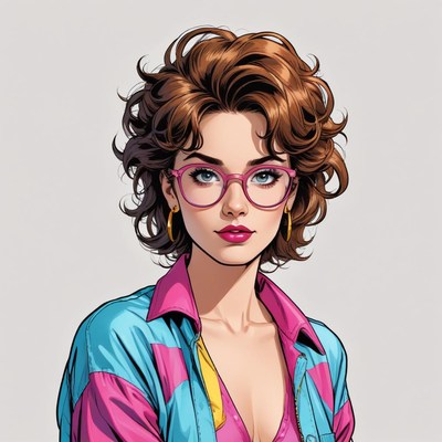 Brightly dressed woman with curly hair and glasses