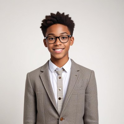 Boy in smart suit smiling confidently at the camera