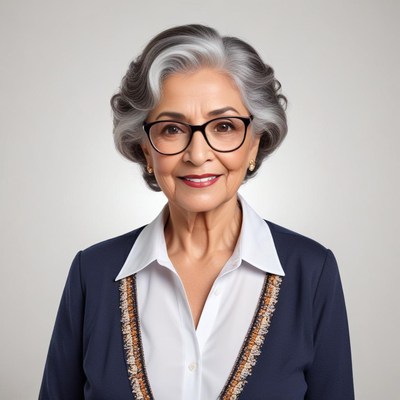 Elderly woman with glasses smiling in elegant attire