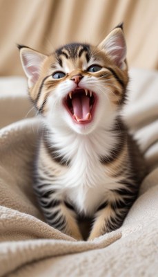 Happy kitten playing on soft blanket with open mouth