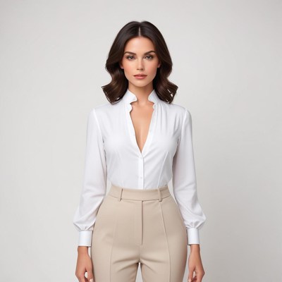 Stylish woman in elegant white blouse and beige trousers