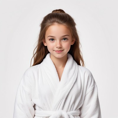 Young girl wearing a white robe with a gentle smile