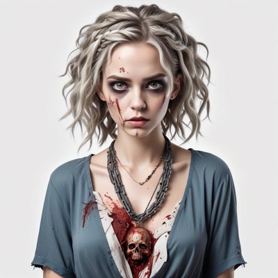 Young woman in horror-themed outfit with striking makeup