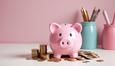 Pink piggy bank surrounded by coins on a table