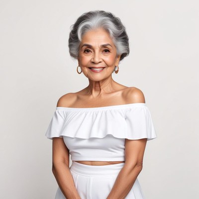 Elegant senior woman poses in white outfit for studio shoot