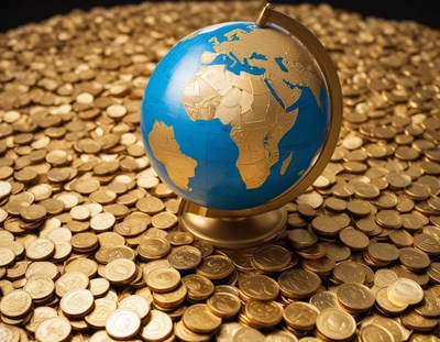 Globe surrounded by gold coins symbolizes global wealth