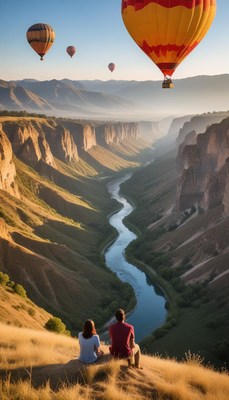 Couple enjoys sunrise view with hot air balloons over canyon
