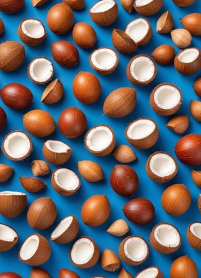 Various nut shells arranged on blue background