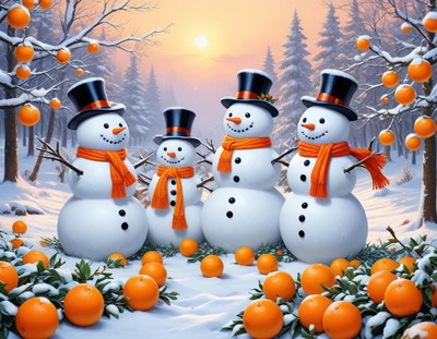 Snowmen wearing hats and scarves in a winter scene