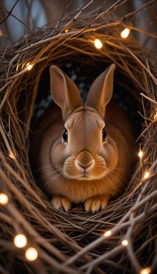 Cute rabbit resting in cozy nest with warm lights