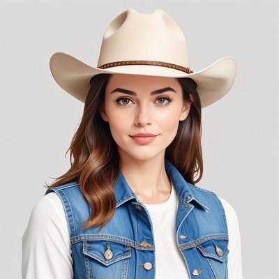 Woman wearing a cowboy hat with a denim vest