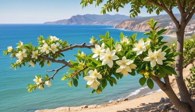 Coastal view with blooming flowers on a sunny day