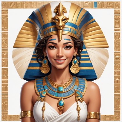 Woman in ancient egyptian attire smiles radiantly
