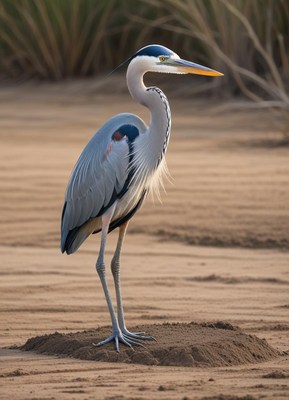 Great blue heron standing on sandy shore at sunset