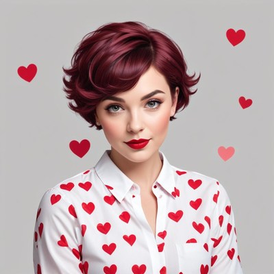 Woman with burgundy hair and heart-patterned shirt poses