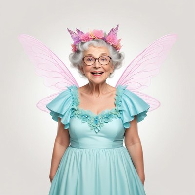 Senior woman dressed as a fairy with vibrant wings